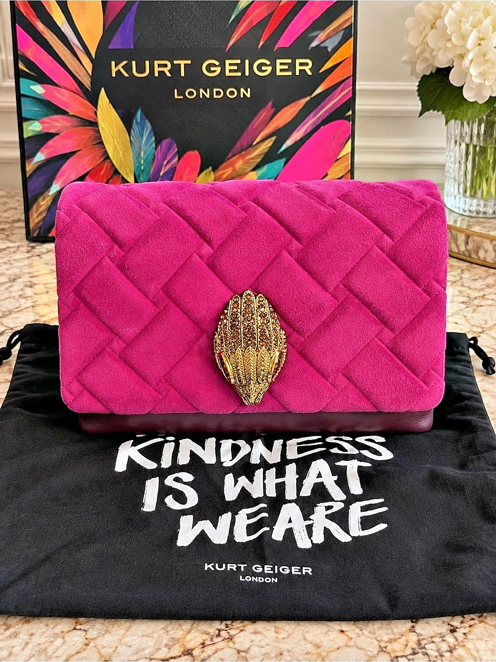 Kurt Geiger Mini Kensington Kurt Fuchsia Suede Crystal Eagle Bag NWT